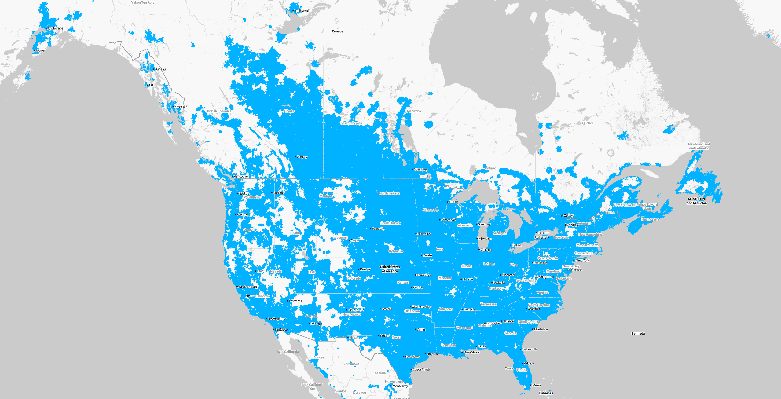 Cellular coverage map for USA and Canada